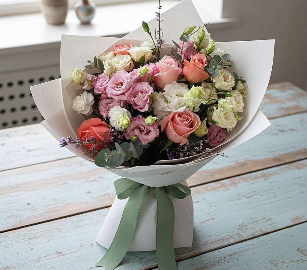 Букет цветов из: Розы, Лизиантусы и Гвоздики в Елабуге