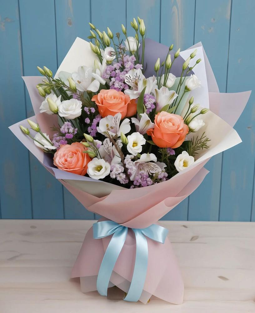 Букет цветов из: Лизиантусы, Розы, Альстромерии и Гипсофила в Елабуге